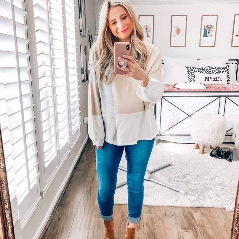 Women Sweater Long Sleeve Color Block Knit Pullover Sweaters Crew Neck Patchwork - Picture 5 of 9